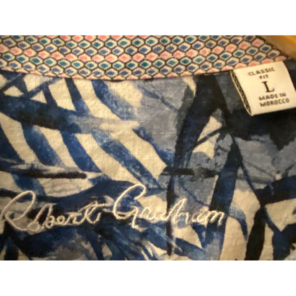 Robert Graham Broadhollow Linen Blend Blue Tropical Print Shirt Mens Large - Picture 5 of 7